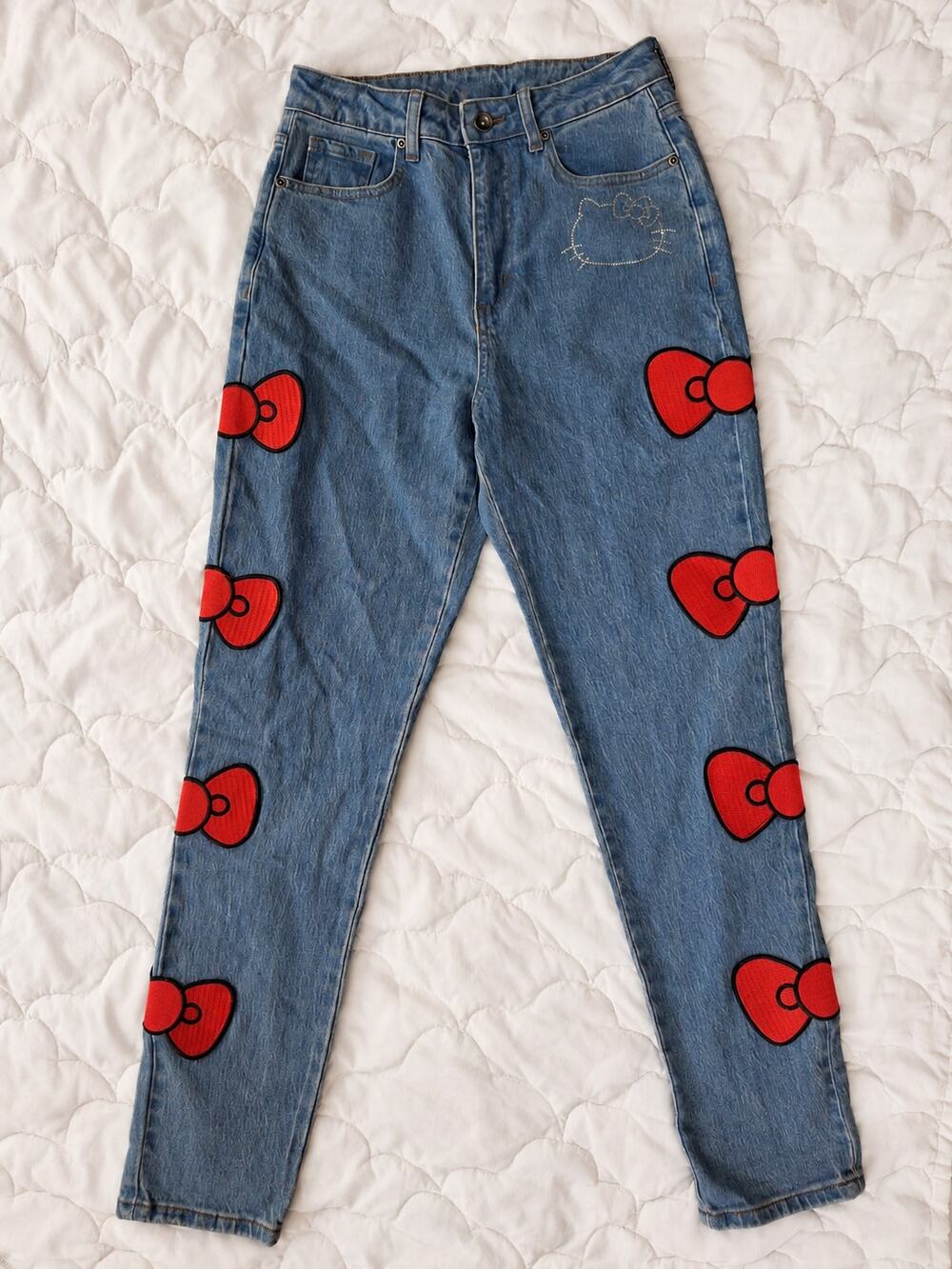 Hello Kitty Sanrio Red Bow Rhinestone High Rise Mom Jeans Juniors 3